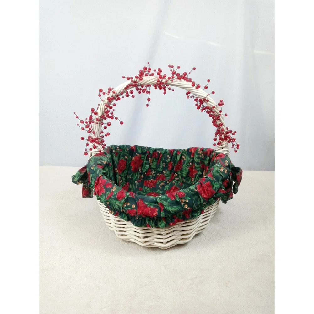 White Wicker‎ Christmas Basket Red Berry Handle Poinsettia Liner Holiday Decor
